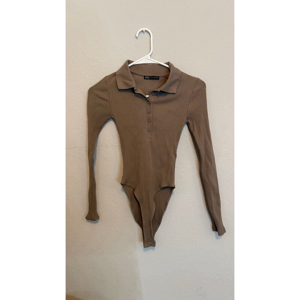 Zara Ribbed Long Sleeve Polo Bodysuit Taupe Brown Button Front Size S
